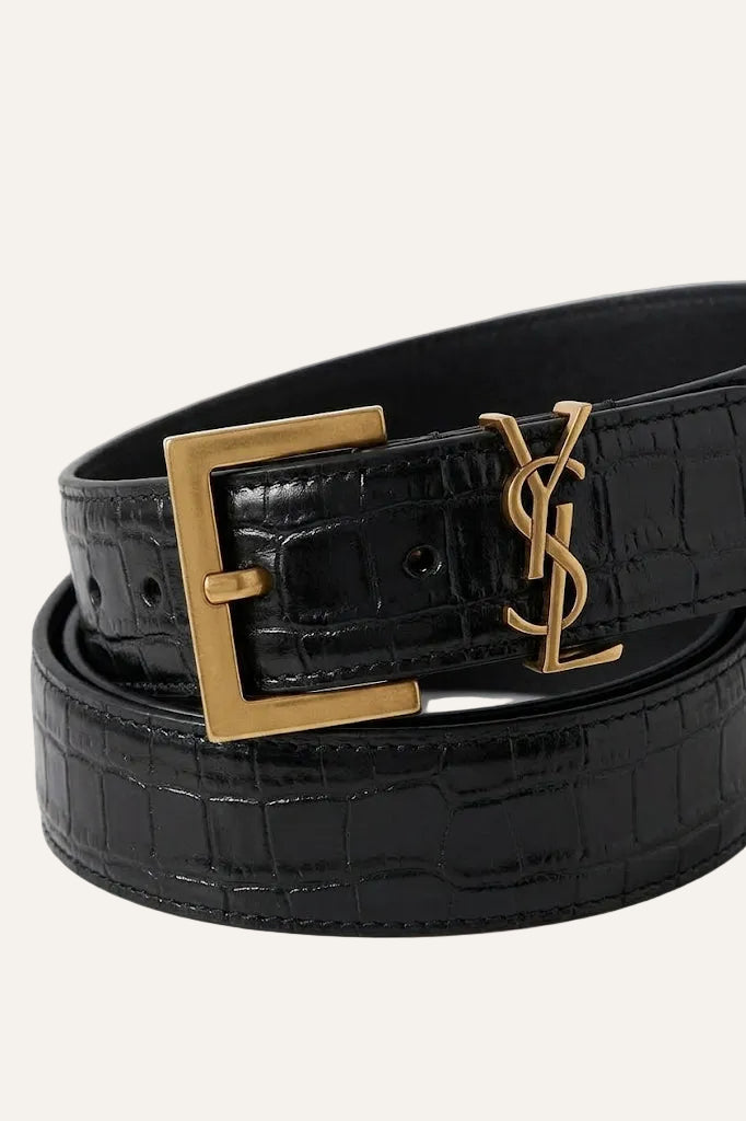 YSL Saint Laurent CROCODILE-EMBOSSED Leather Cassandre Belt
