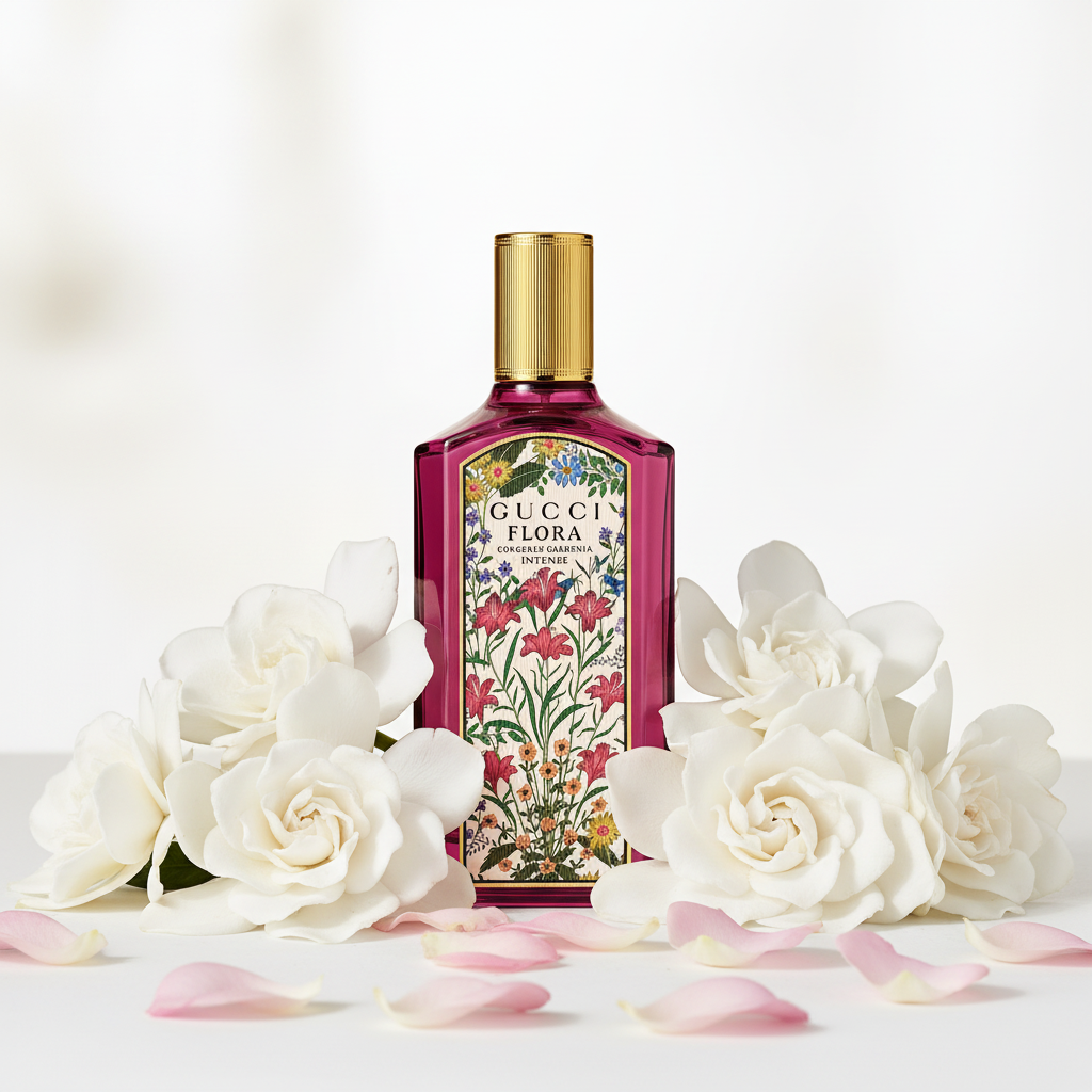 Gucci Flora with white gardenia flowers and pink petals