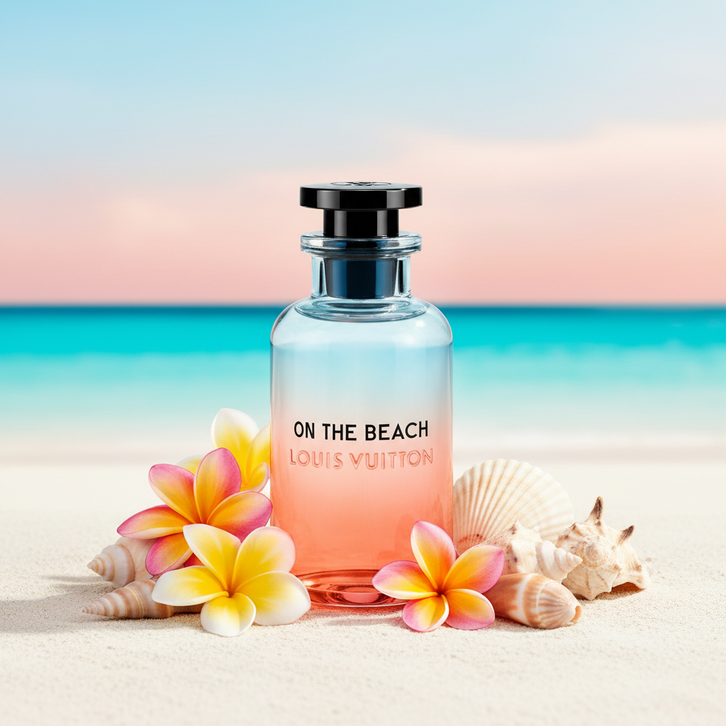 Louis Vuitton On The Beach with frangipani and sea shells
