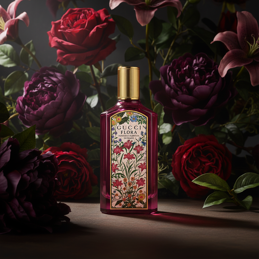 Gucci Flora dramatic rose gold cinematic lighting