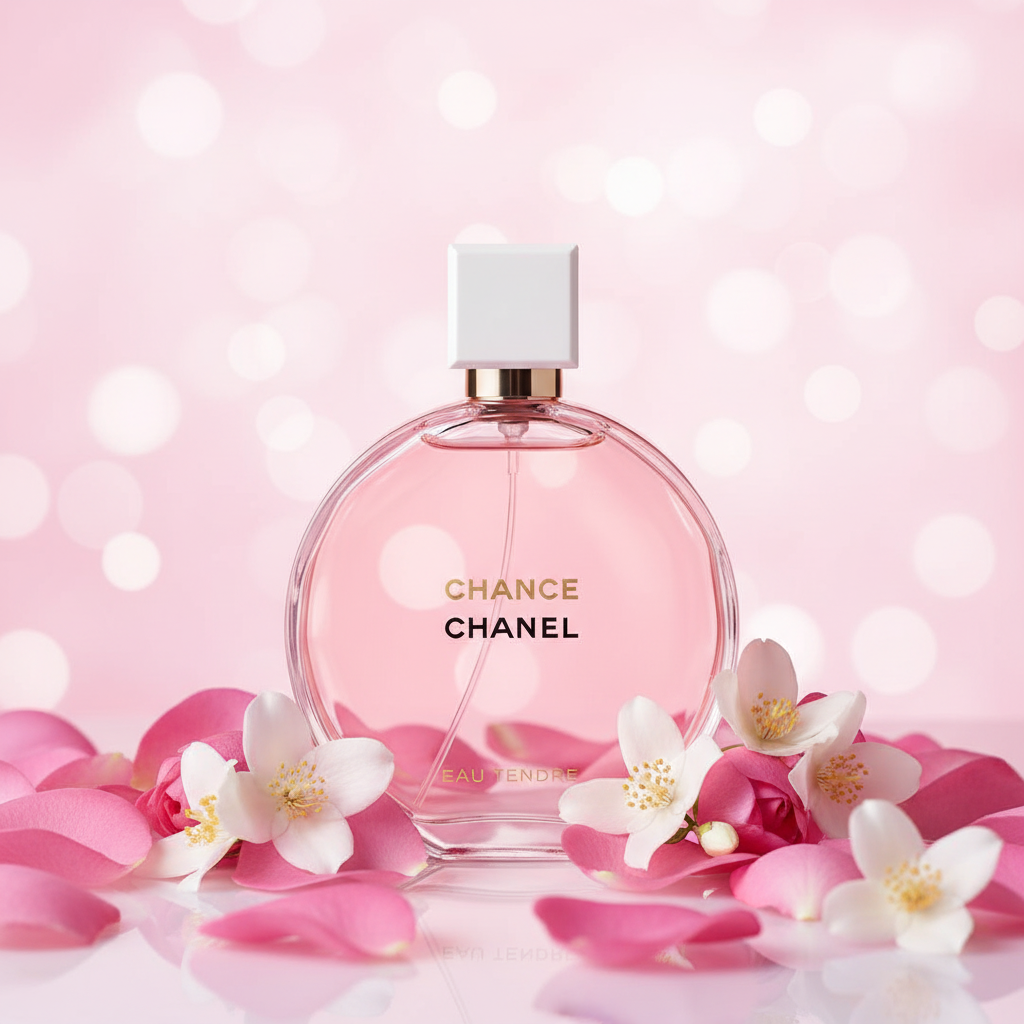 Chanel Chance with pink roses and jasmine flowers