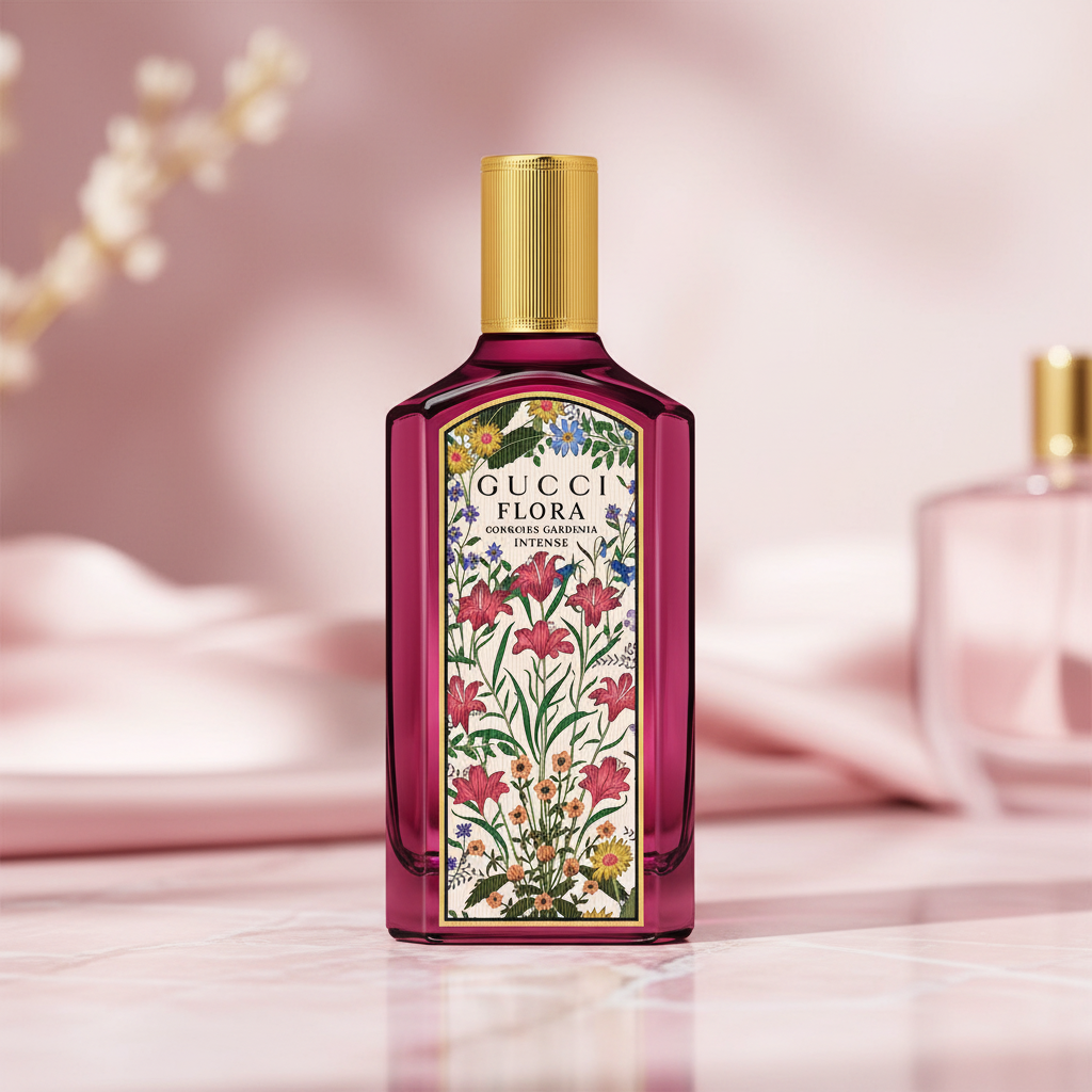 Gucci Flora on pink marble surface