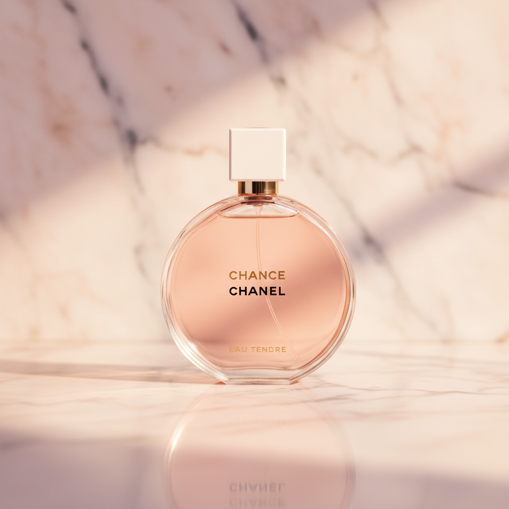 Chanel Chance on pink marble golden hour